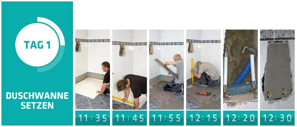 Tag 1, Schritt 2: Die neue flache Duschwanne wird gesetzt