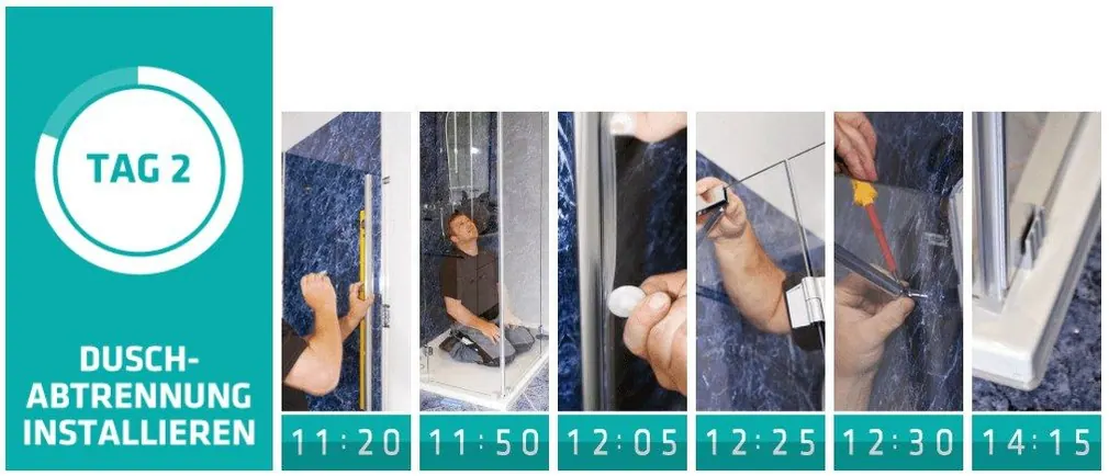Tag 2, Schritt 6: Feinmontage der Glas-Duschabtrennung