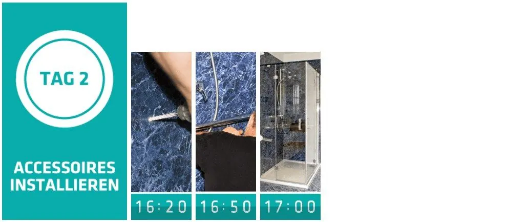 Tag 2, Schritt 8: Montage der Armaturen und Accessoires, fertige Dusche