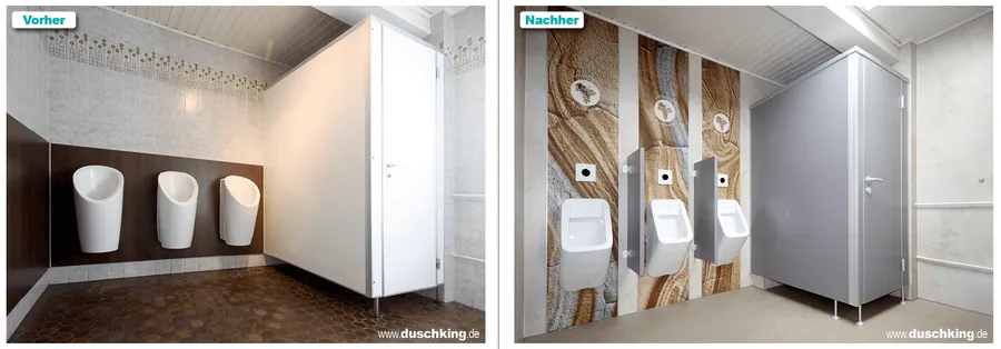 Vorher-Nachher: Urinalwand mit weißen Fliesen, danach mit fugenloser Holzoptik-Verkleidung