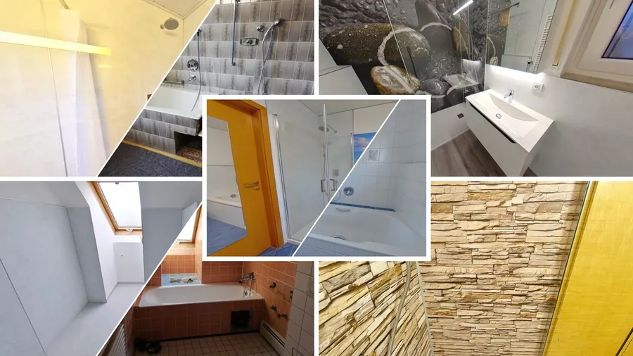 Collage verschiedener fugenloser Bäder mit Stein-, Beton- und Holzdekoren